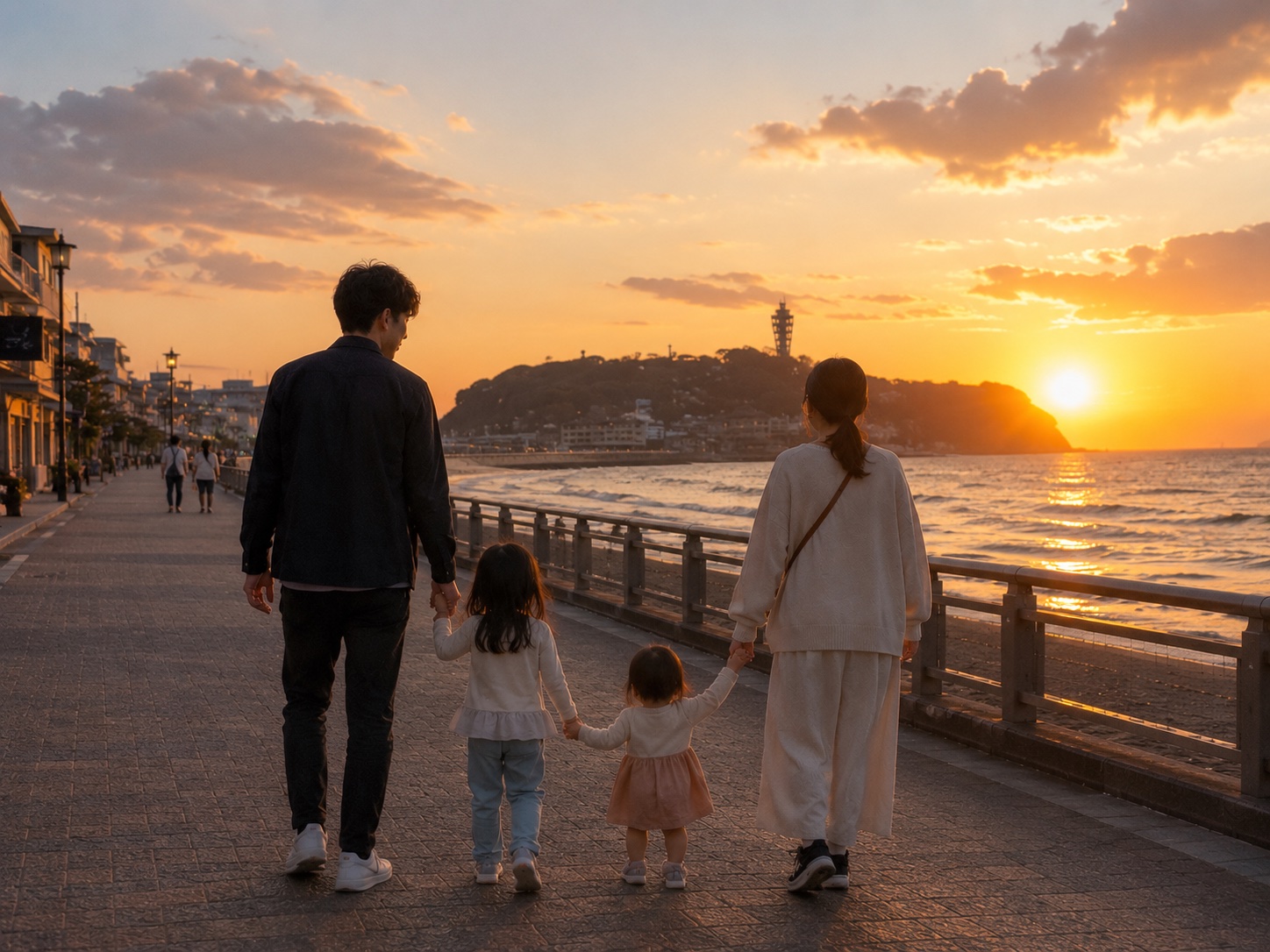 夕暮れの海沿いを、家族で歩く後ろ姿