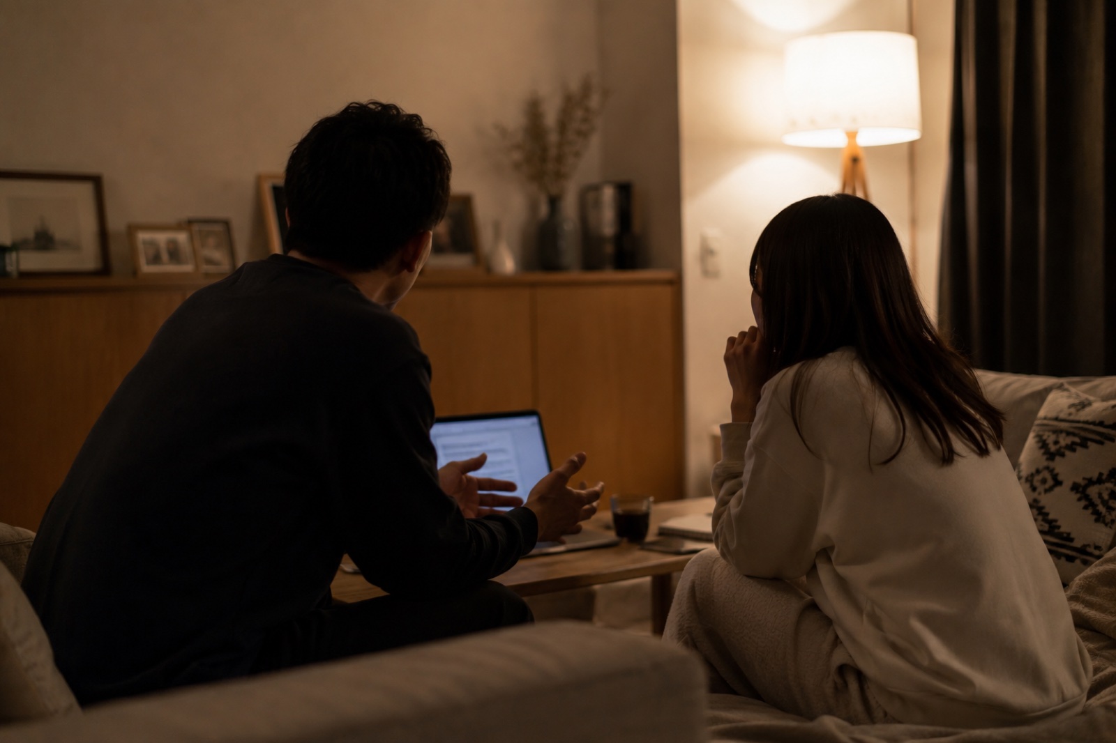夜のリビングで、ランプの明かりの下、妻と並んで真剣に話す夜